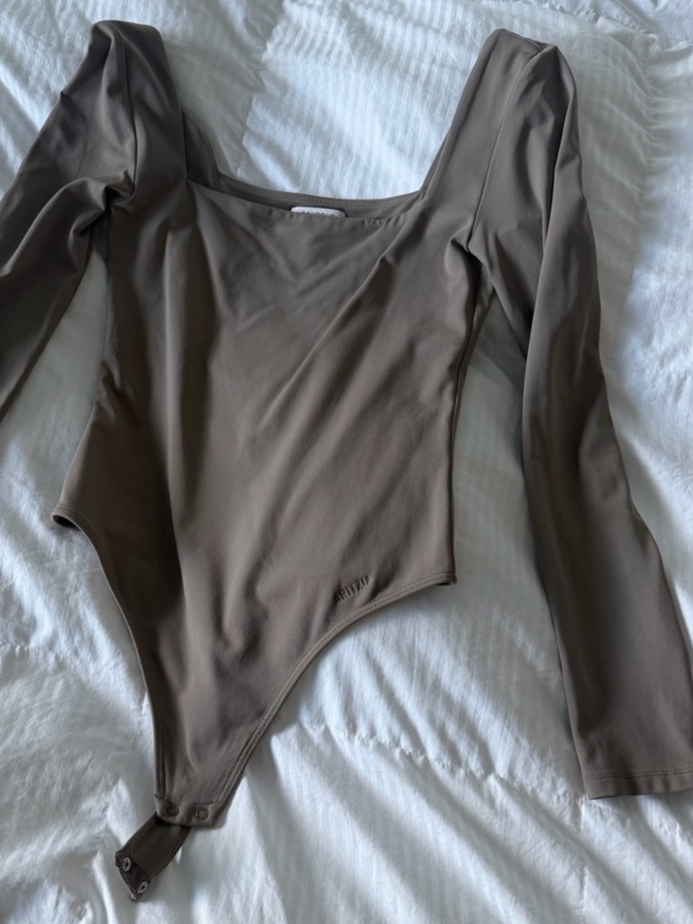 Aritzia Long Sleeve Scoop Bodysuit in Taupe Gray